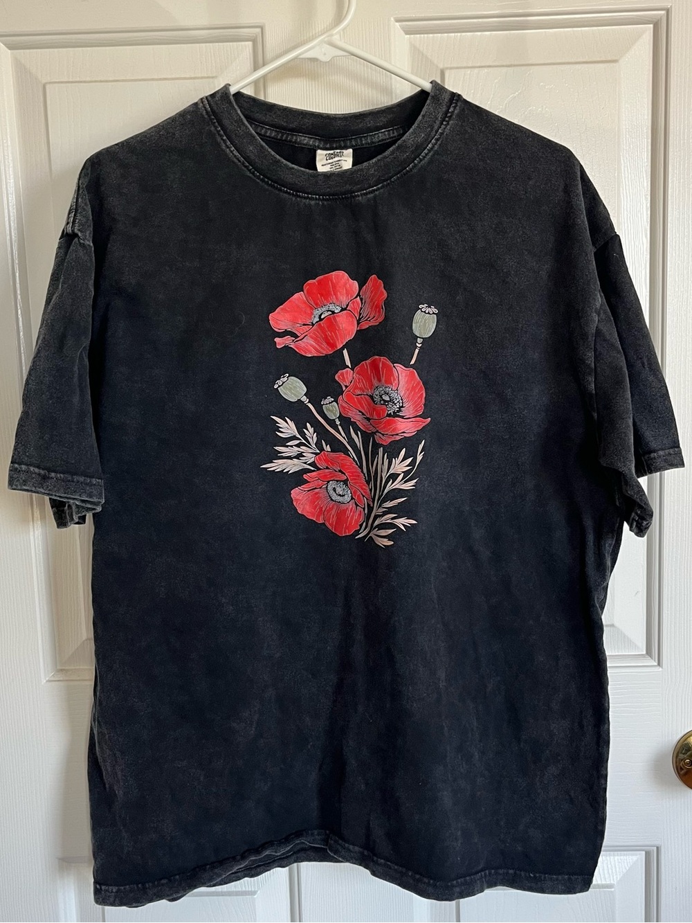 Black Tee with Red Poppy Floral Graphic